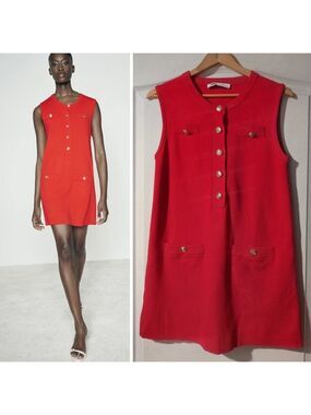 NEW! Zara | Red Knit Mini Dress With Gold Buttons
